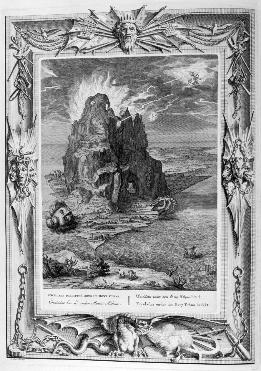 Encecladus i kamp ved Etna (gravering) av Bernard Picart