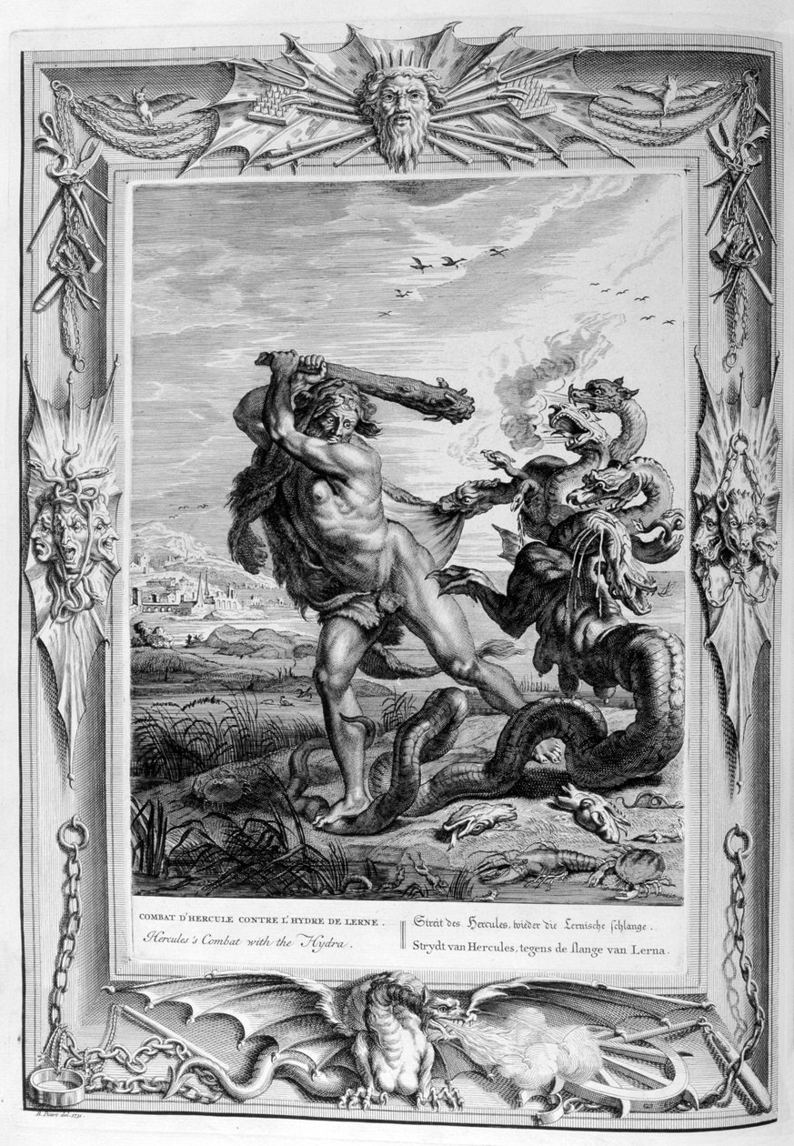 Hercules kjemper mot den lerniske hydraen, 1733 av Bernard Picart