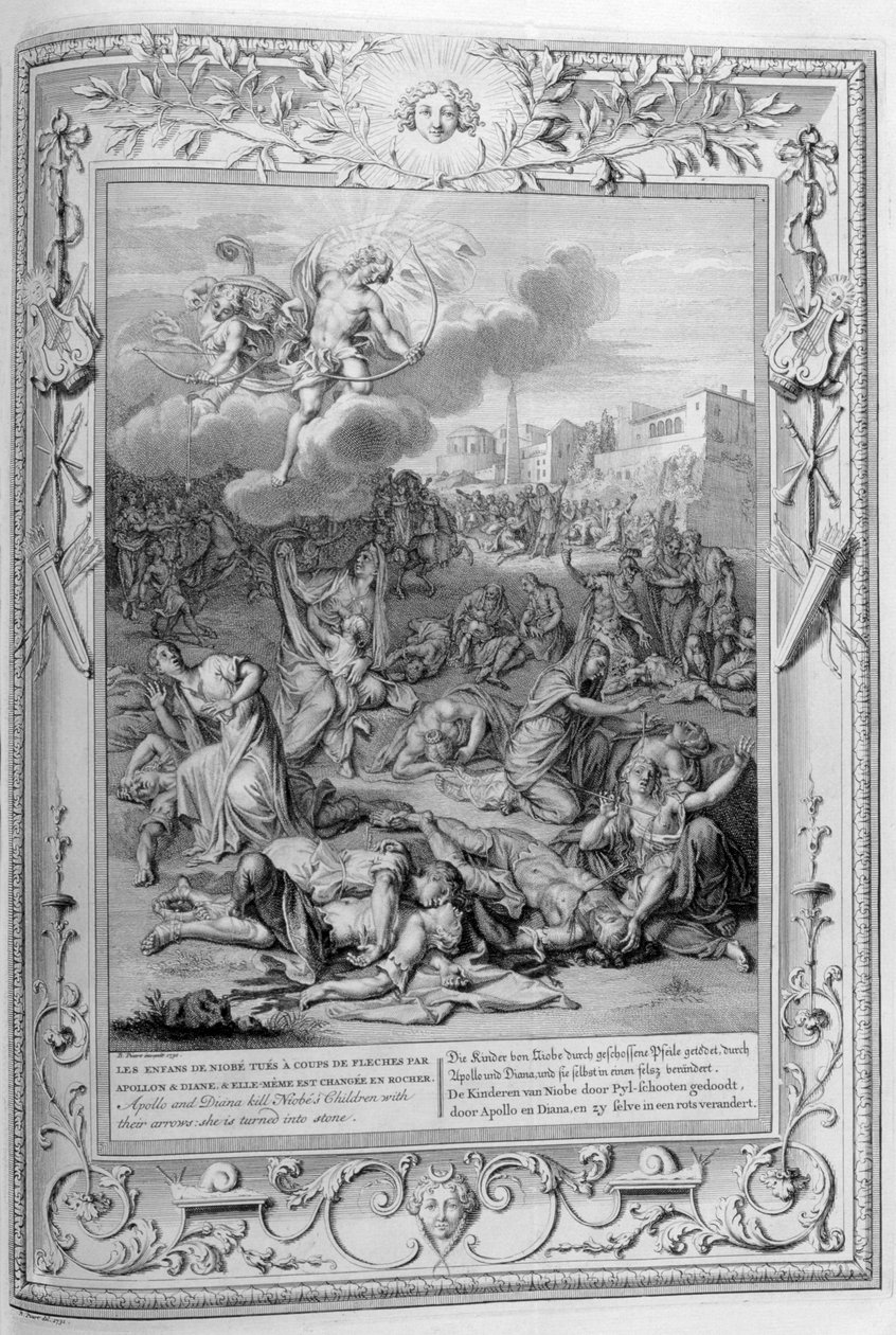 Niobe og hennes drepte barn (gravering) av Bernard Picart