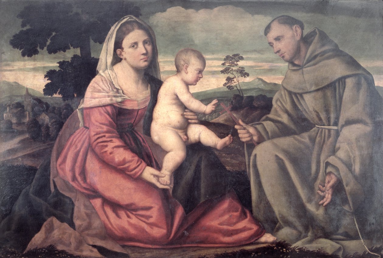 Madonna og barn med St. Francis, ca. 1540 (panel) av Bernardino Licinio