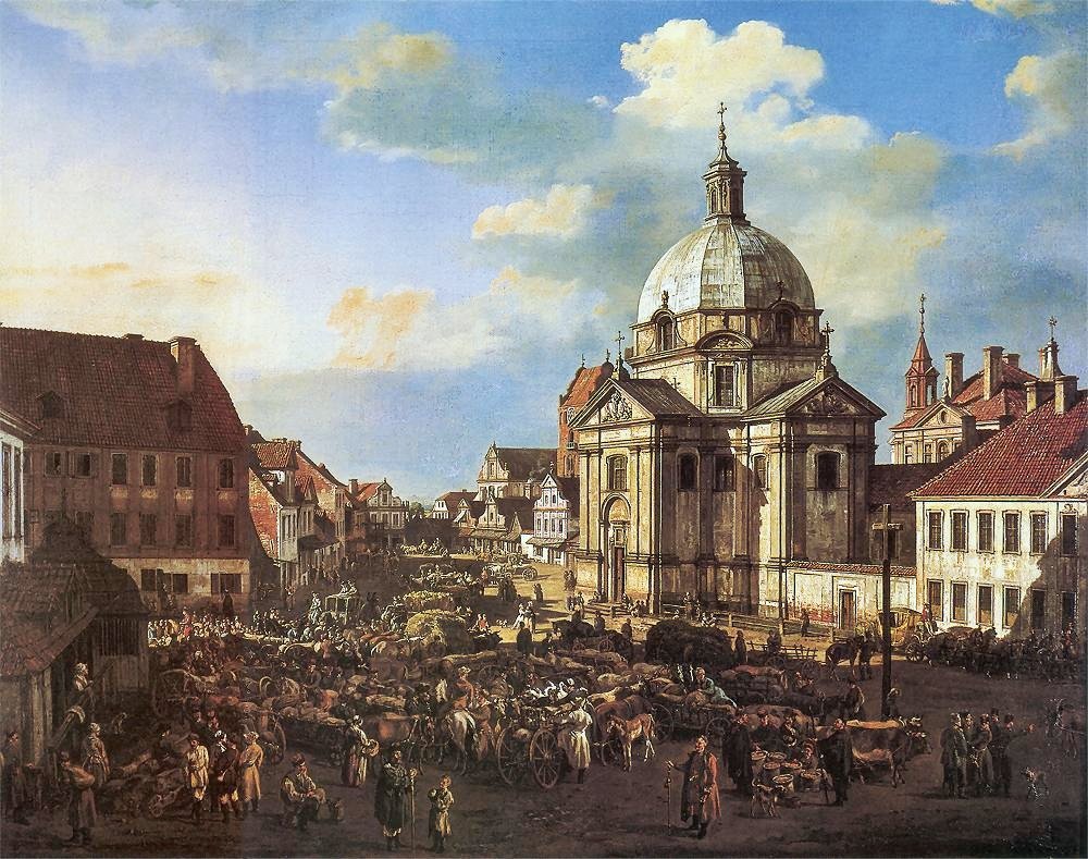 Markedsplassen i New Town med St. Kazimierz kirke. av Bernardo Bellotto