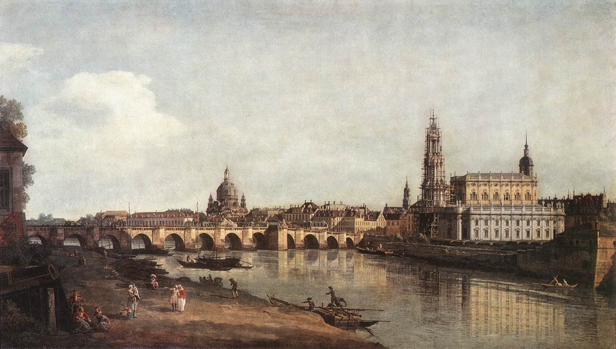 Utsikt over Dresden fra høyre bredd av Elben med Augustus -broen av Bernardo Bellotto