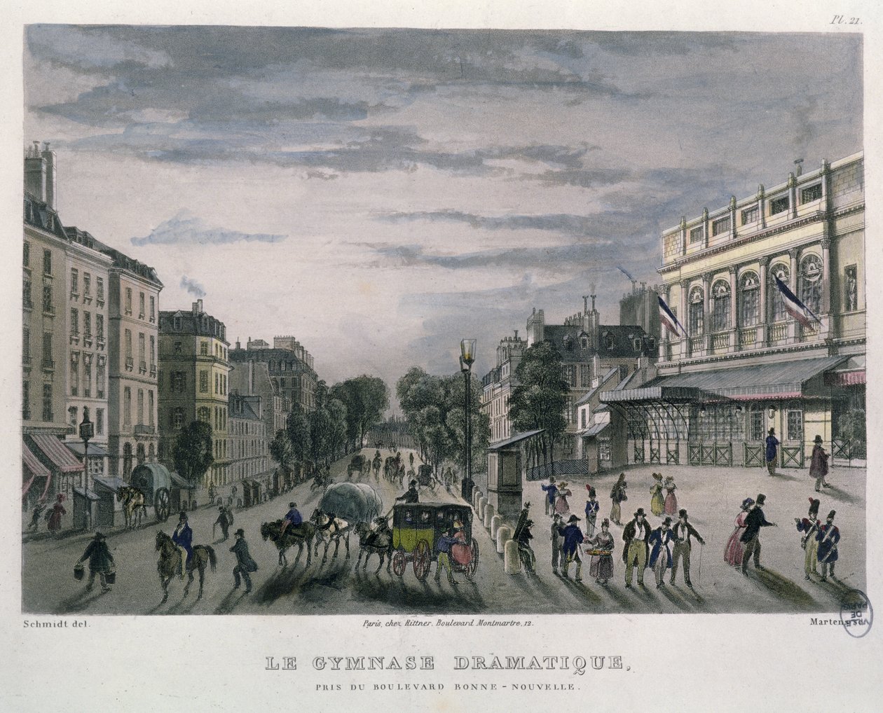 Gymnase Dramatique-teatret, Paris, 1832 (fargegravering) av Bernhard Schmidt