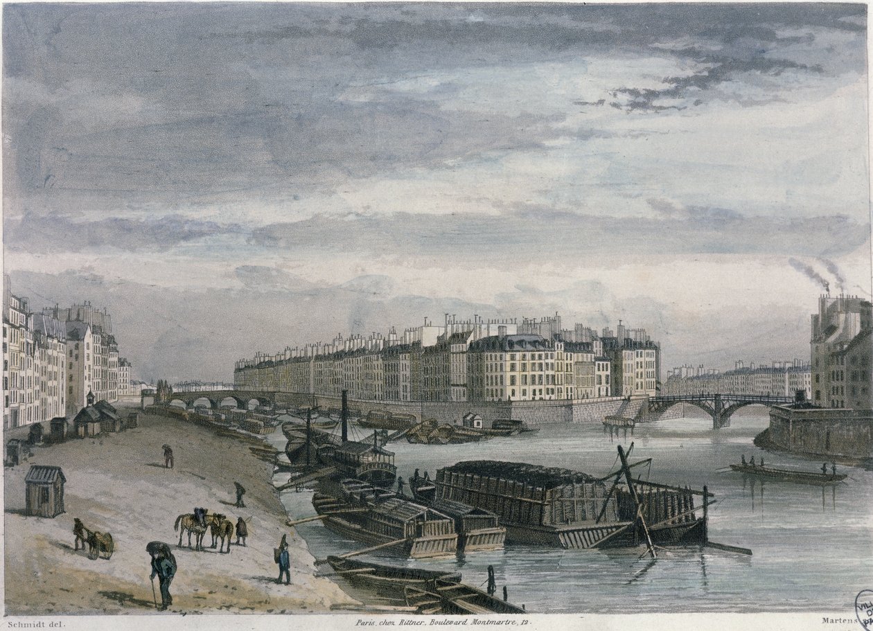 Ile Saint-Louis, 1832 (fargegravering) av Bernhard Schmidt