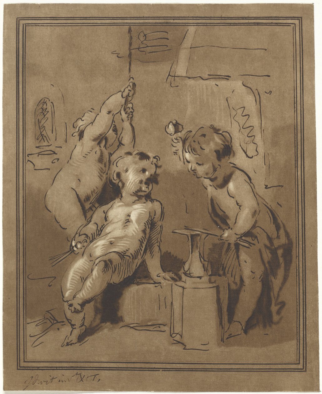 Tre putti nær en ambolt av Bernhard Schreuder