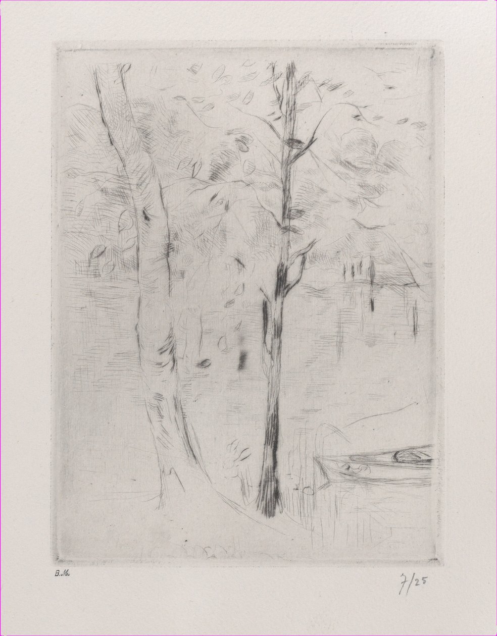 Landskaps-trestammer nær en elv, 1888. av Berthe Morisot