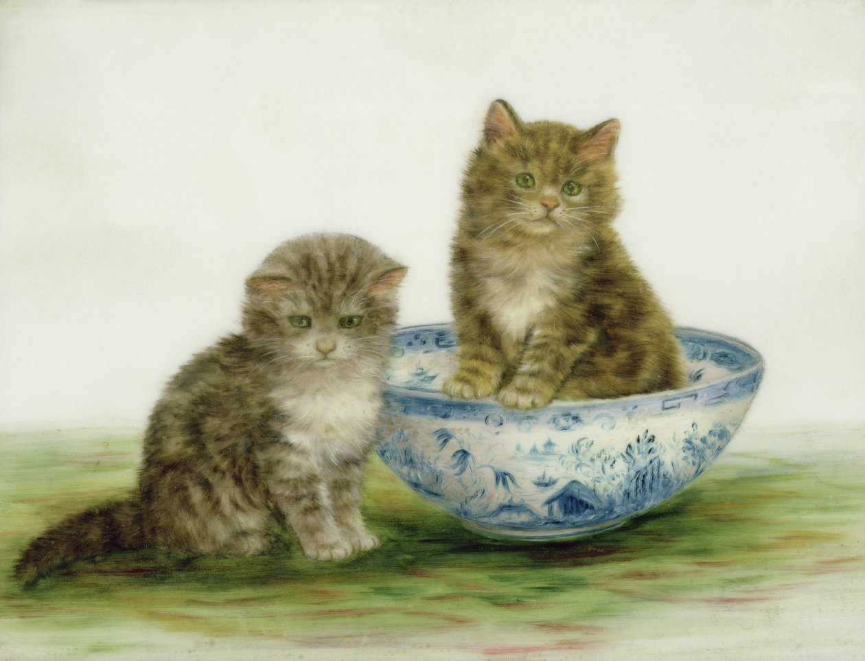Kattunge i en blå kinaskål av Bessie Bamber