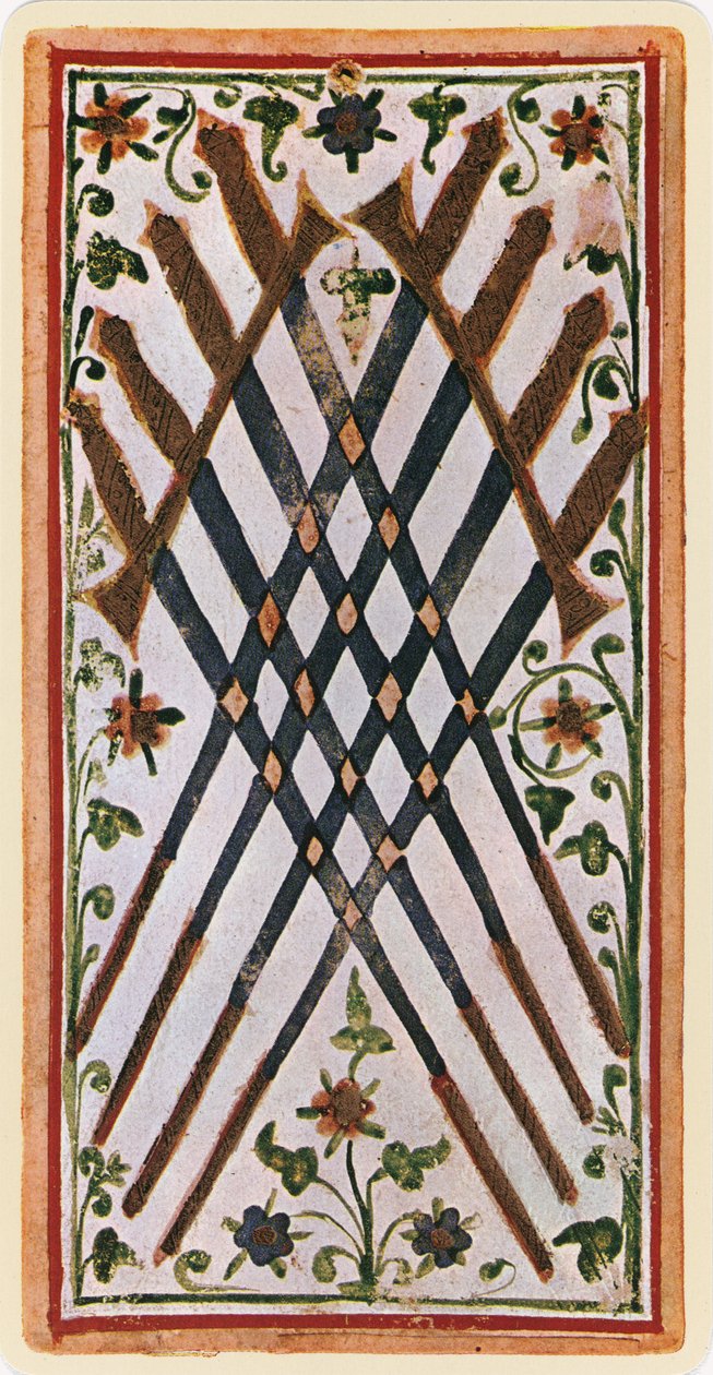 The Eight of Swords, faksimile av et tarotkort fra 'Visconti'-stokken, 1441-47 av Bonifacio Bembo
