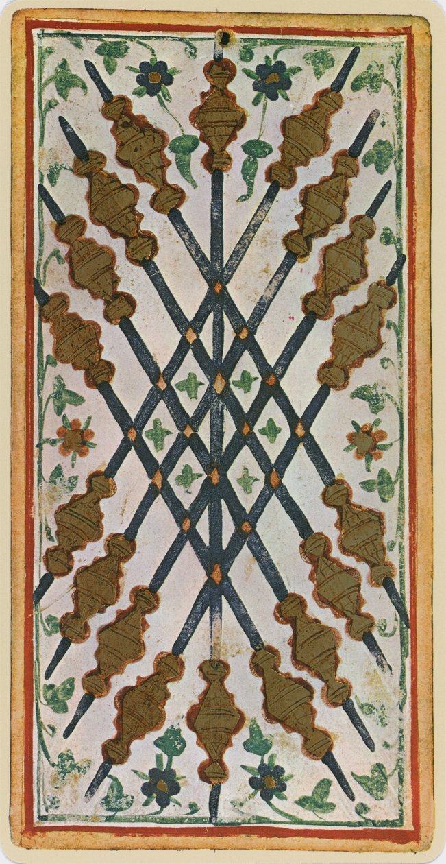 The Nine of Wands, faksimile av et tarotkort fra 