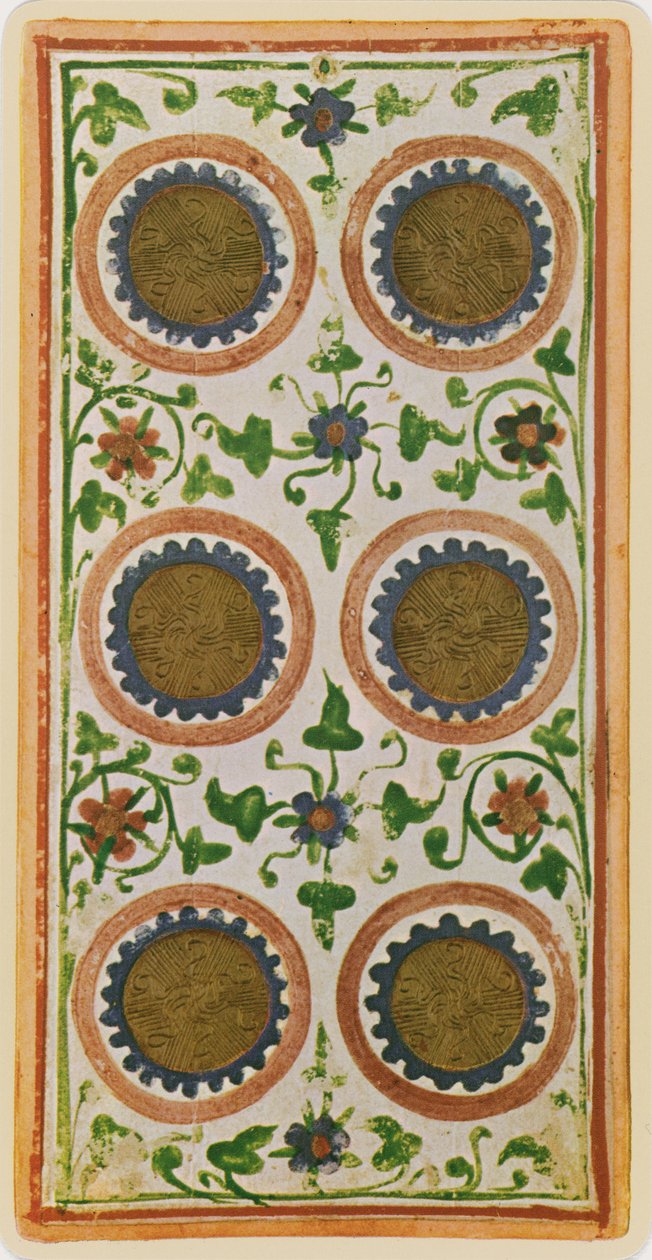 The Six of Coins, faksimile av et tarotkort fra 