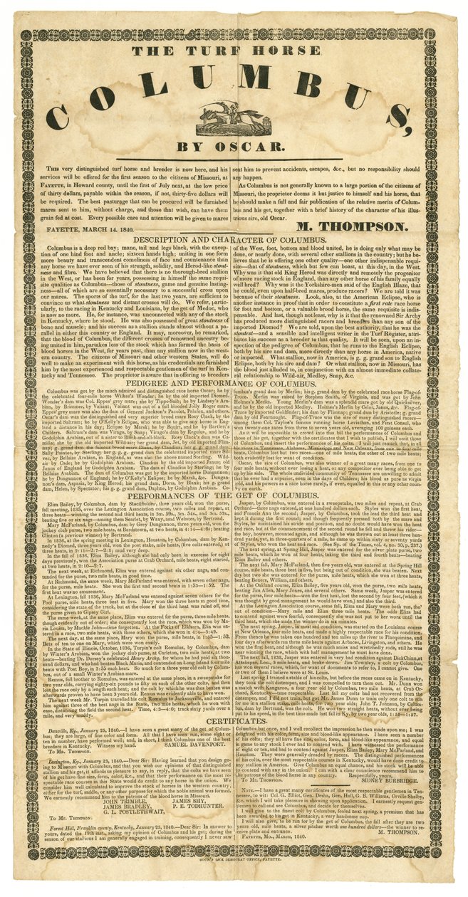 Stud heste plakat som tilbyr torvhest Columbus, Fayette, Mo., 14. mars 1840 av Boon Democrat