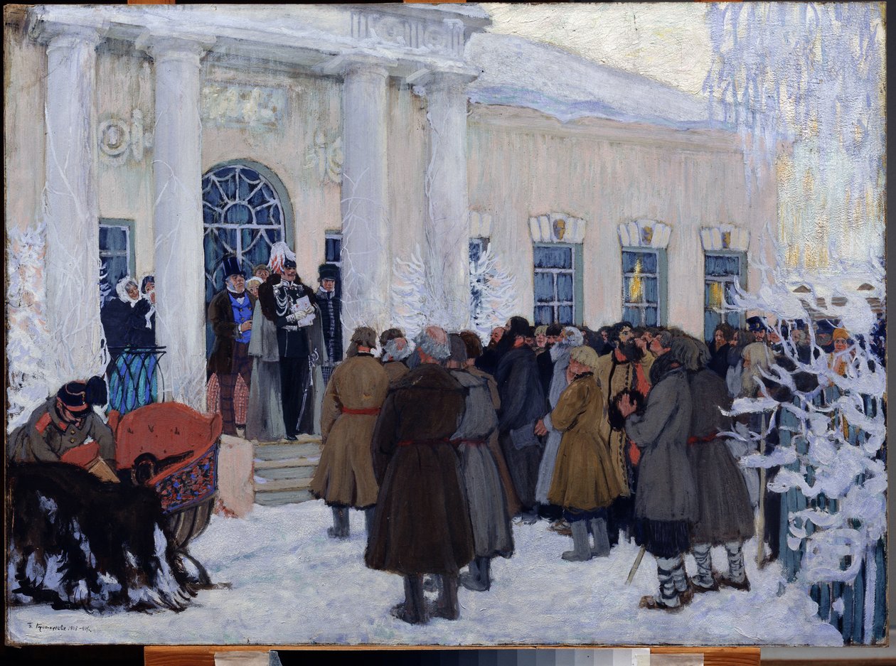 Frigjøringen av russiske livegne i 1861, 1908-09 av Boris Mikhailovich Kustodiev