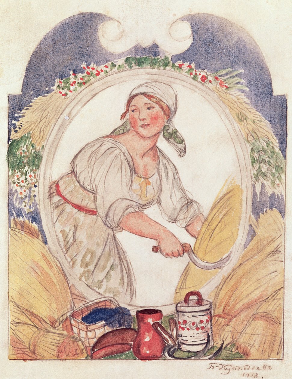 The Reaper, studie for utsmykning av Ruzheinaya (Rifle) Square i Petrograd, 1918 (blyant og wc på papir) av Boris Mikhailovich Kustodiev