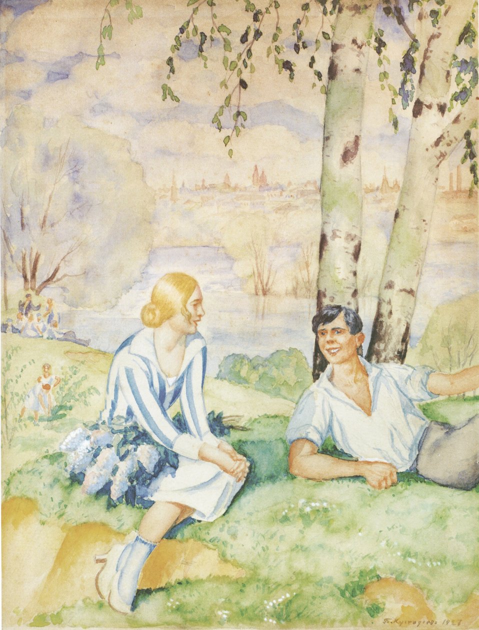 Vår ved elvebredden, 1927 av Boris Mikhailovich Kustodiev