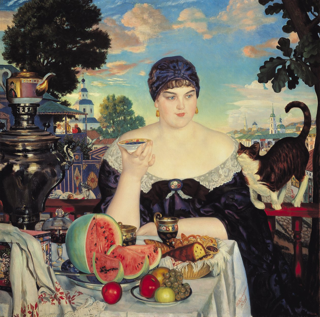 Kjøpmannskona på Tea av Boris Mikhailovich Kustodiev