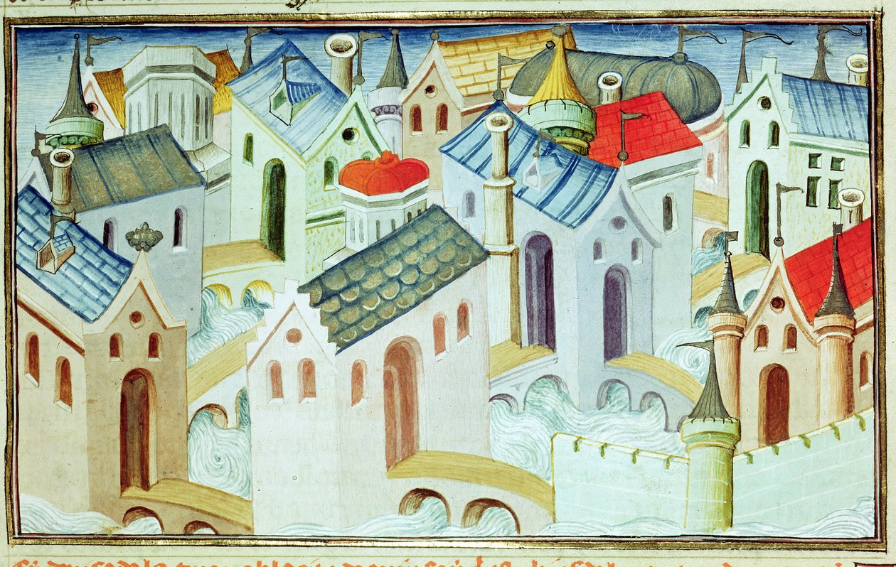 Ms 2810 f.67, byen Kinsai, fra "Book of the Wonders of the World", ca. 1410-12 (tempera på vellum) av Boucicaut Master