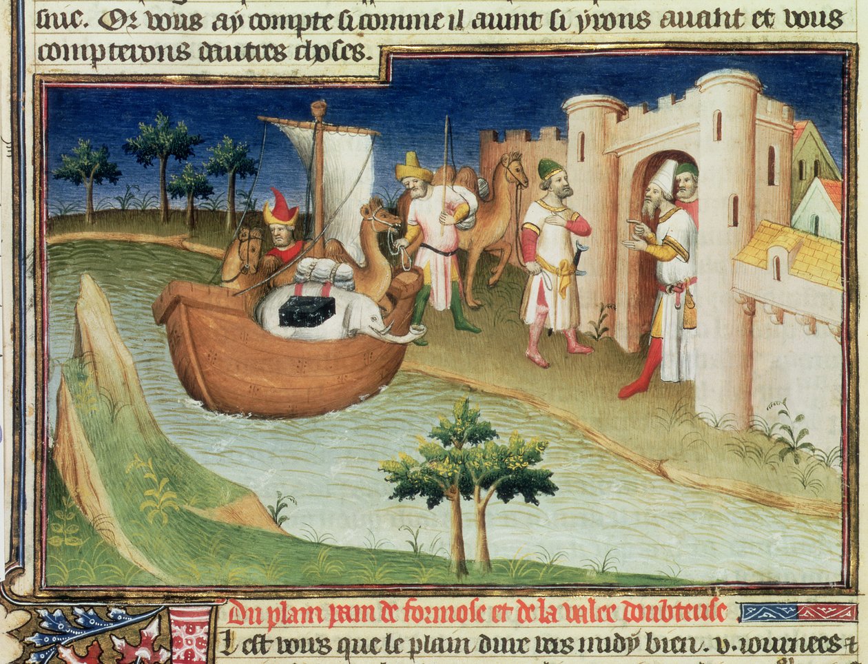 Fr 2810 f.14v, Marco Polo med elefanter og kameler som ankommer Hormuz ved Persiabukta fra India, fra 