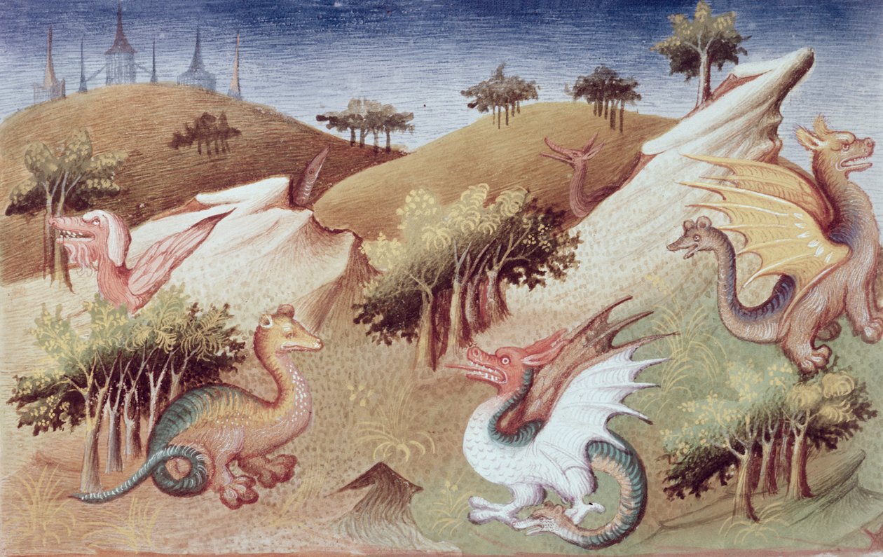 Fr 2810 f.55v, Dragons and other beasts, from 'Le Livre des Merveilles du Monde', c.1410-12 (tempera on vellum) av Boucicaut Master