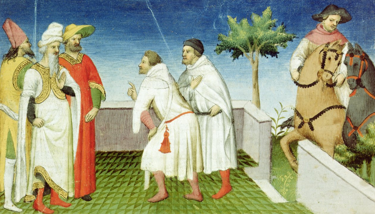 Fr 2810 f.6, Nicolo, Marco og Matteo Polo tar avskjed med Great Khan, Livre des Merveilles du Monde, ca. 1410-12 (tempera på vellum) av Boucicaut Master
