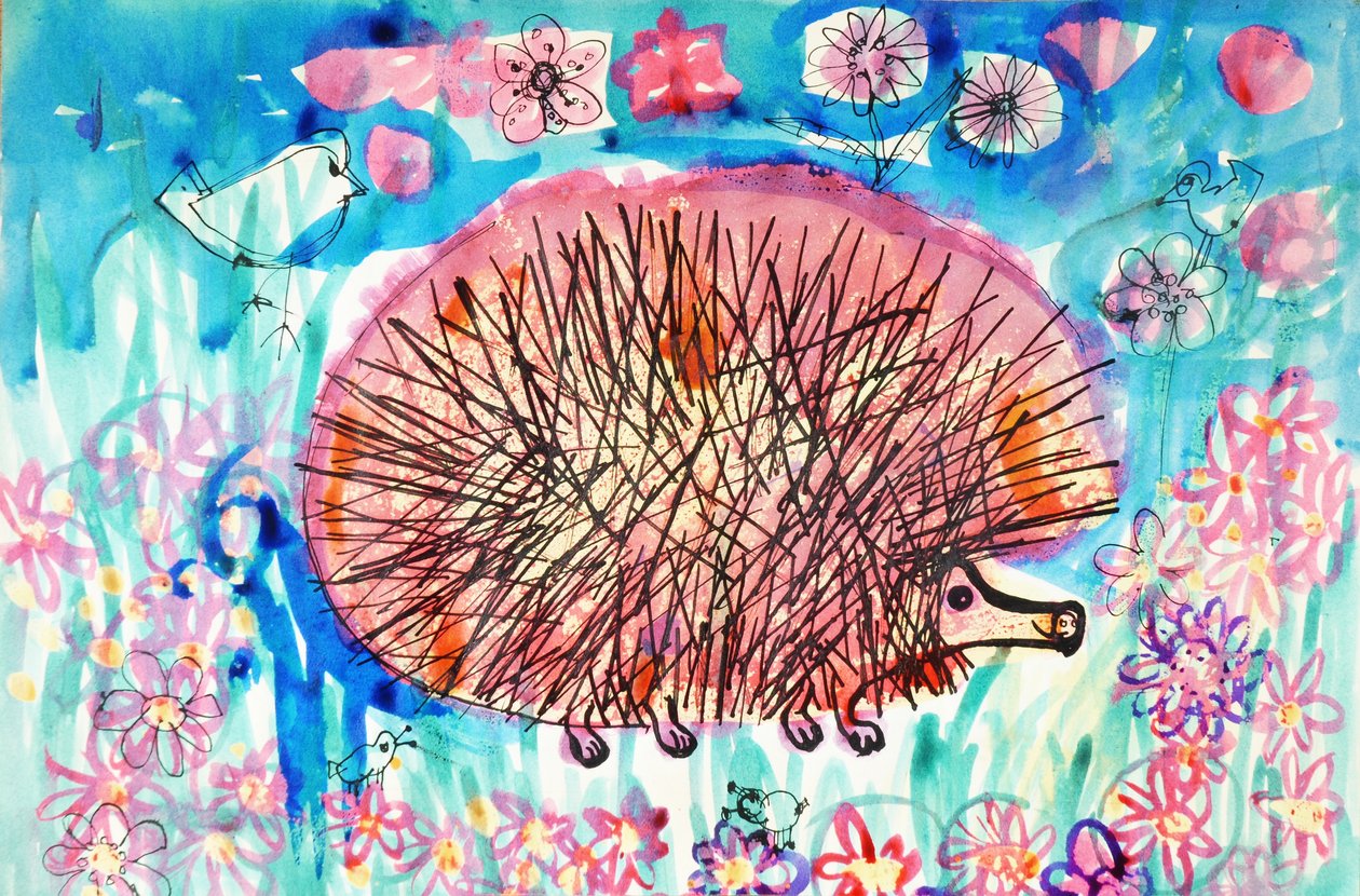 Hedgehog (akrylplakatfarge og farget blekk) av Brenda Brin Booker