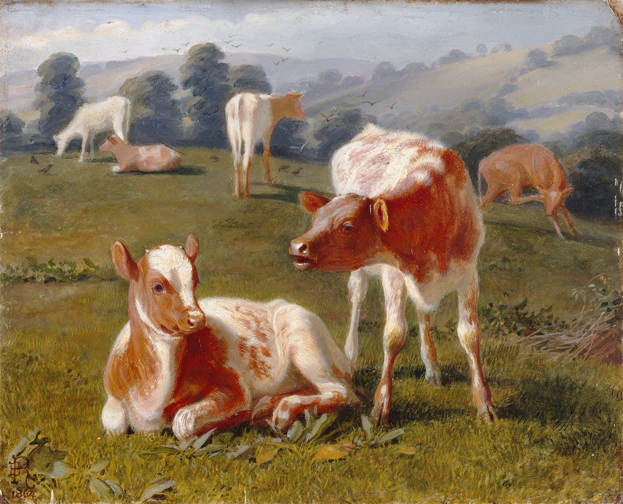 Kalver i en eng (olje på kvernbrett) av Briton Riviere