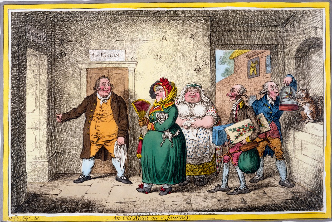 An Old Maid on a Journey, trykk laget av James Gillray, 1804 (håndfarget gravering) av Brownlow North