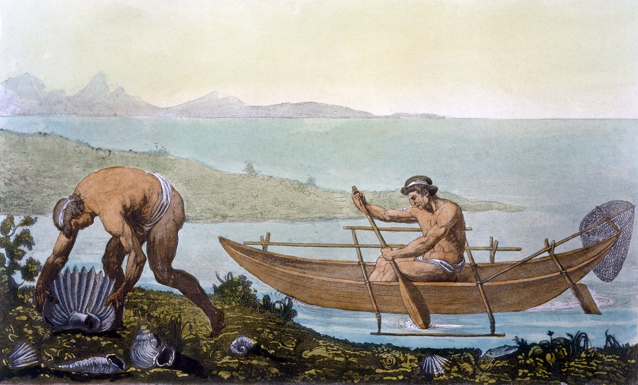 Fisker i kano og mann som samler gigantiske skjell, Island of Ubi, fra 