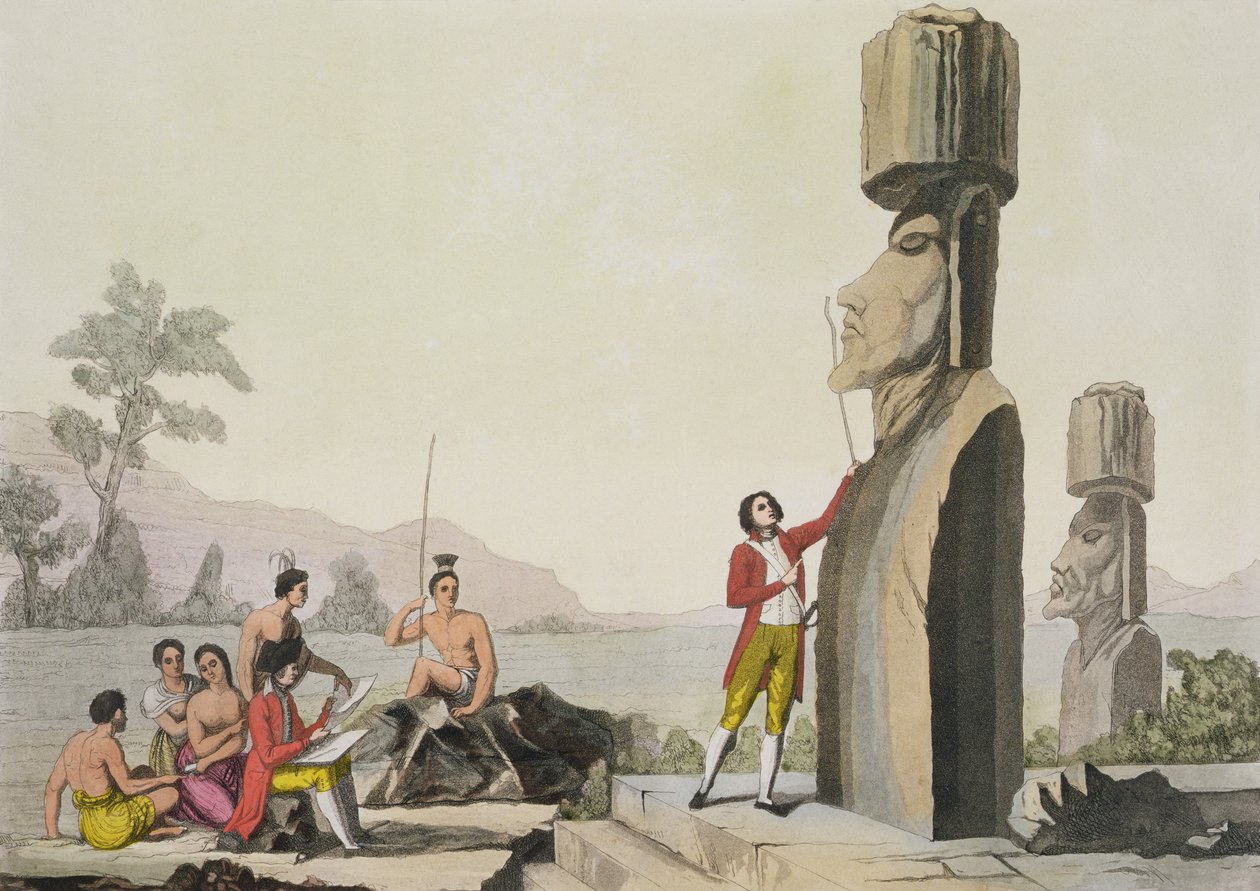Island Monument, fra Captain Cooks besøk på Påskeøya (fargegravering) av C. Bottigella