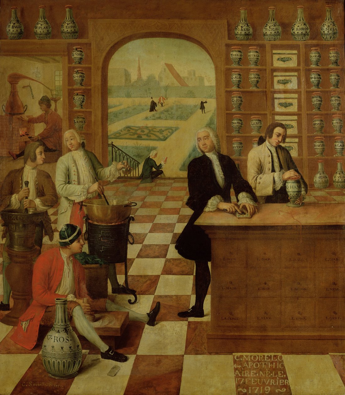 Apotekeren C. Morelot (f. 17. februar 1719) i apoteket hans, 1751 av C. Souville