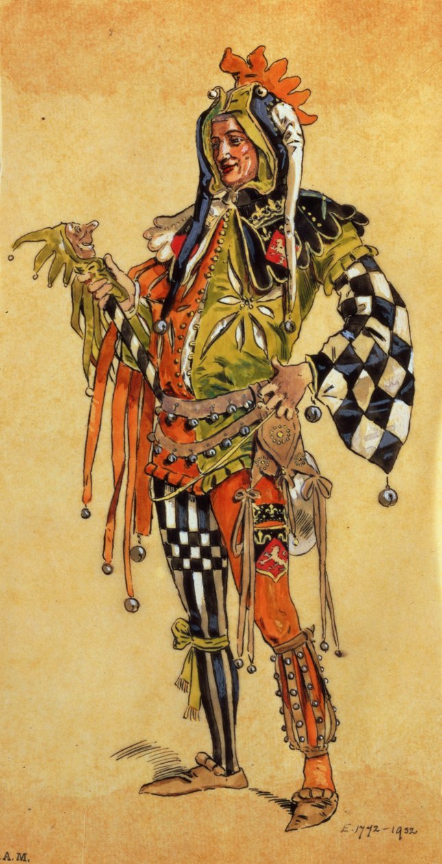 Touchstone the Clown, kostymedesign for As You Like It, produsert av R. Courtneidge ved Princes Theatre, Manchester av C. Wilhelm