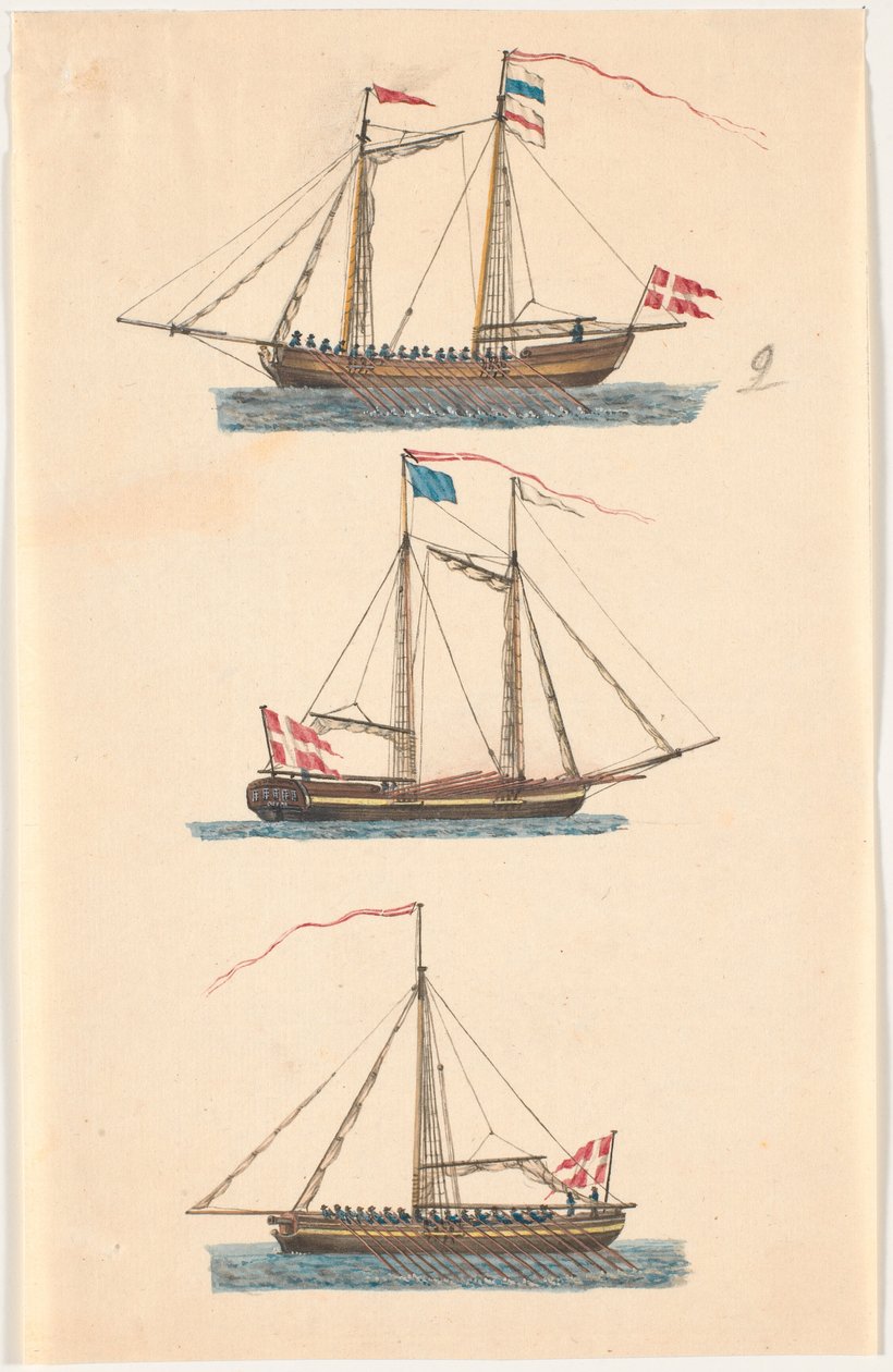 Tre marineskip med danske flagg. Åredrevet av C.A. Lorentzen