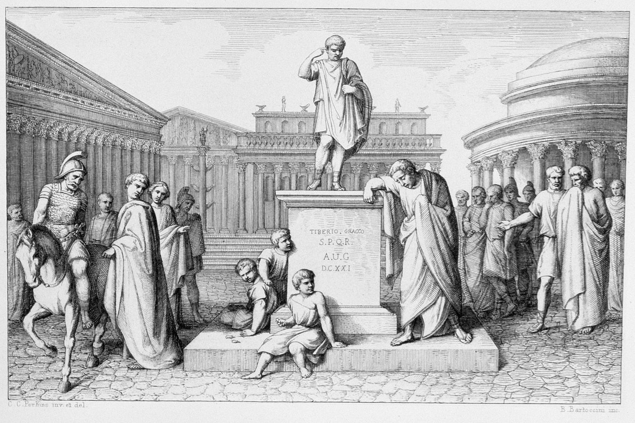 Gaius Gracchus gråter foran sin fars statue, gravert av B.Barloccini, 1849 av C.C Perkins