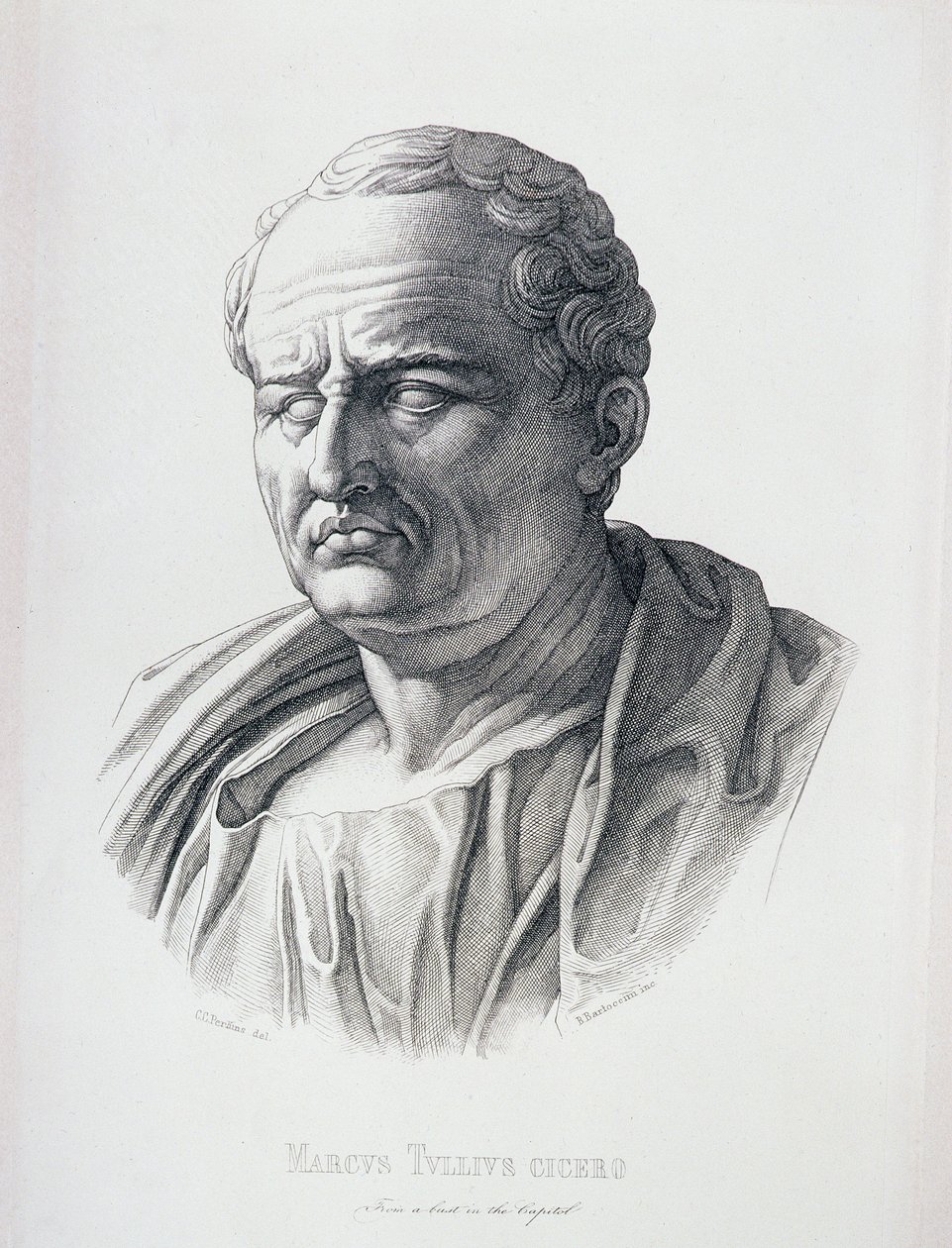 Portrett av Marcus Tullius Cicero (106-43 f.Kr.) gravert av B. Bartoccini, 1849 av C.C Perkins