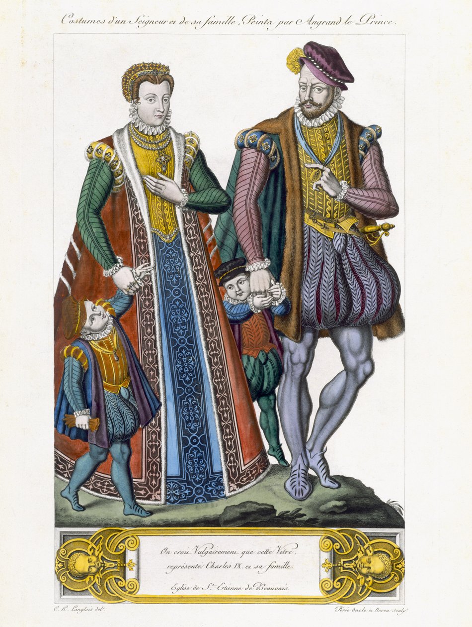 Kostymer til en Seigneur og hans familie, gravert av Amedee Peree av C.H. Langlois