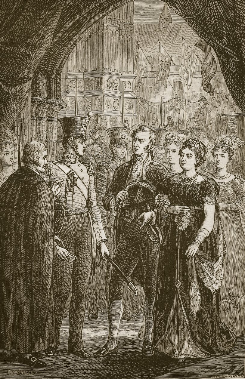 Dronning Caroline krever innreise i Westminster Abbey, gravert av Butterworth og Heath av C.O. Murray