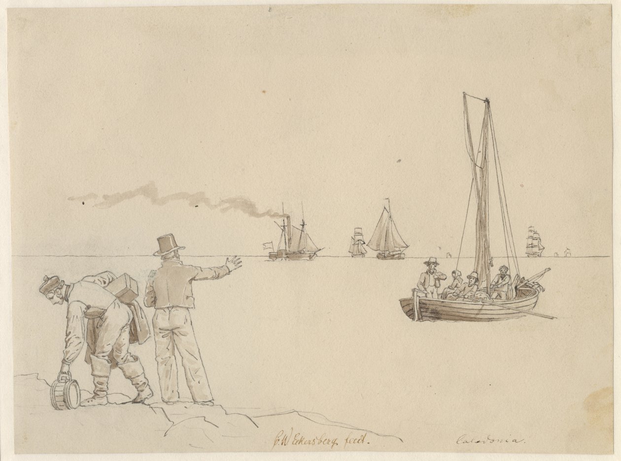 Passasjerer blir satt ut til dampskipet Caledonia. av Christoffer Wilhelm Eckersberg