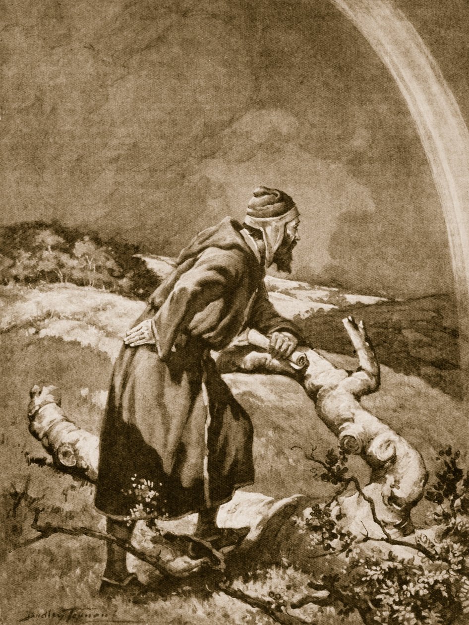 Roger Bacon studerer en regnbue (litho) av C. Dudley Tennant