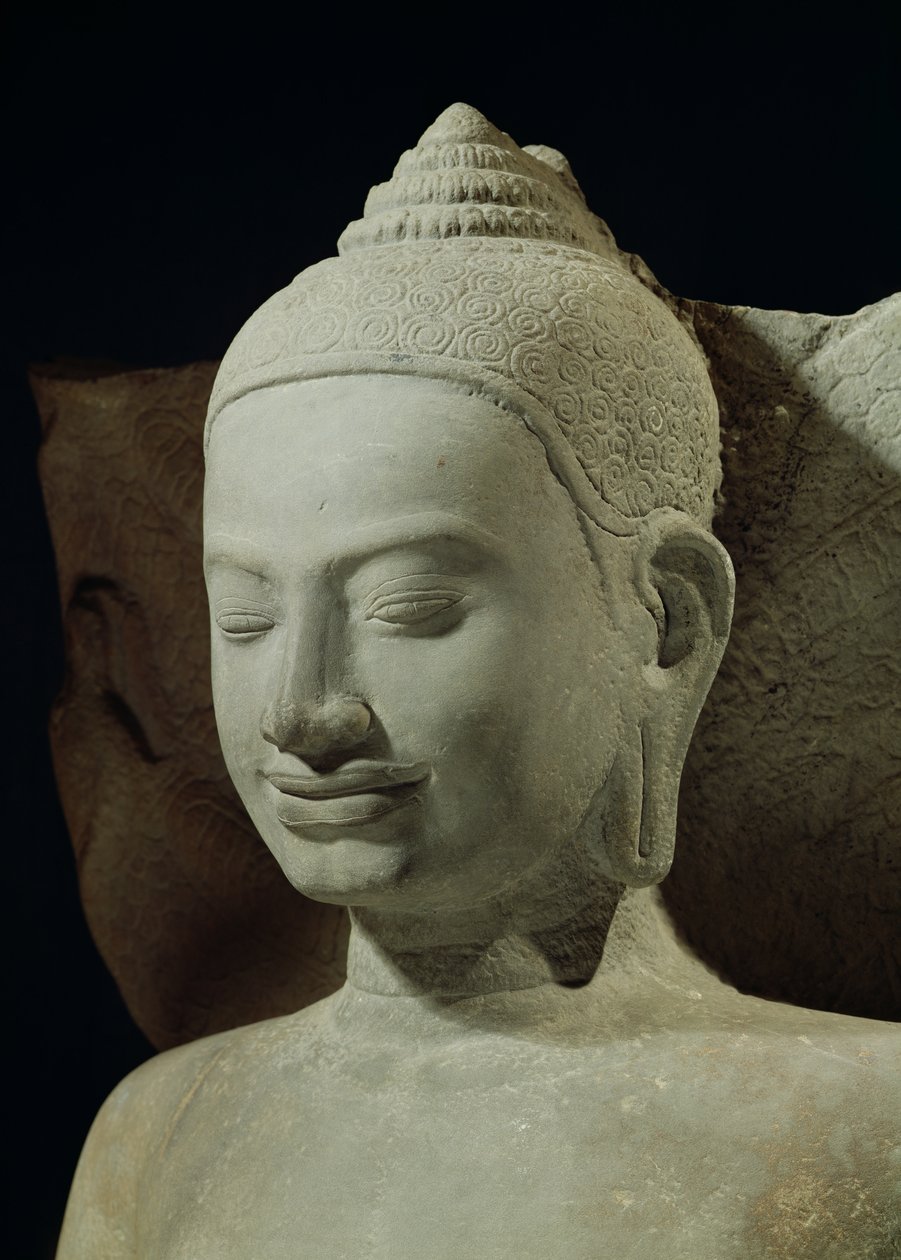 Buddha in Meditation on the Naga King, Mucilinda, detalj av Buddhas hode, fra Preah Khan, Bayon-stil, sandstein fra 1100- og 1200-tallet av Cambodian School
