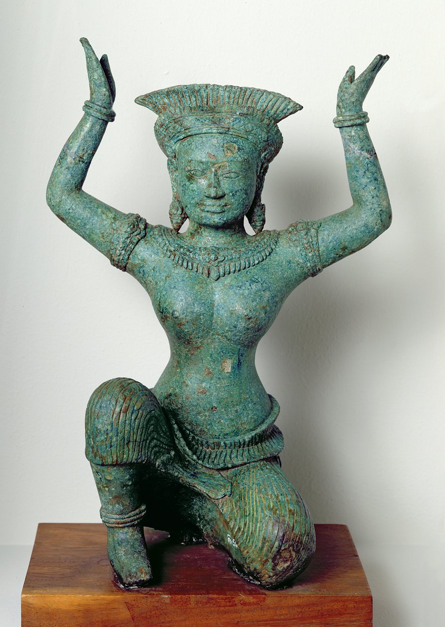 Knelende feminin figur brukt til å støtte et speil, fra Angkor Thom (bronse) av Cambodian School