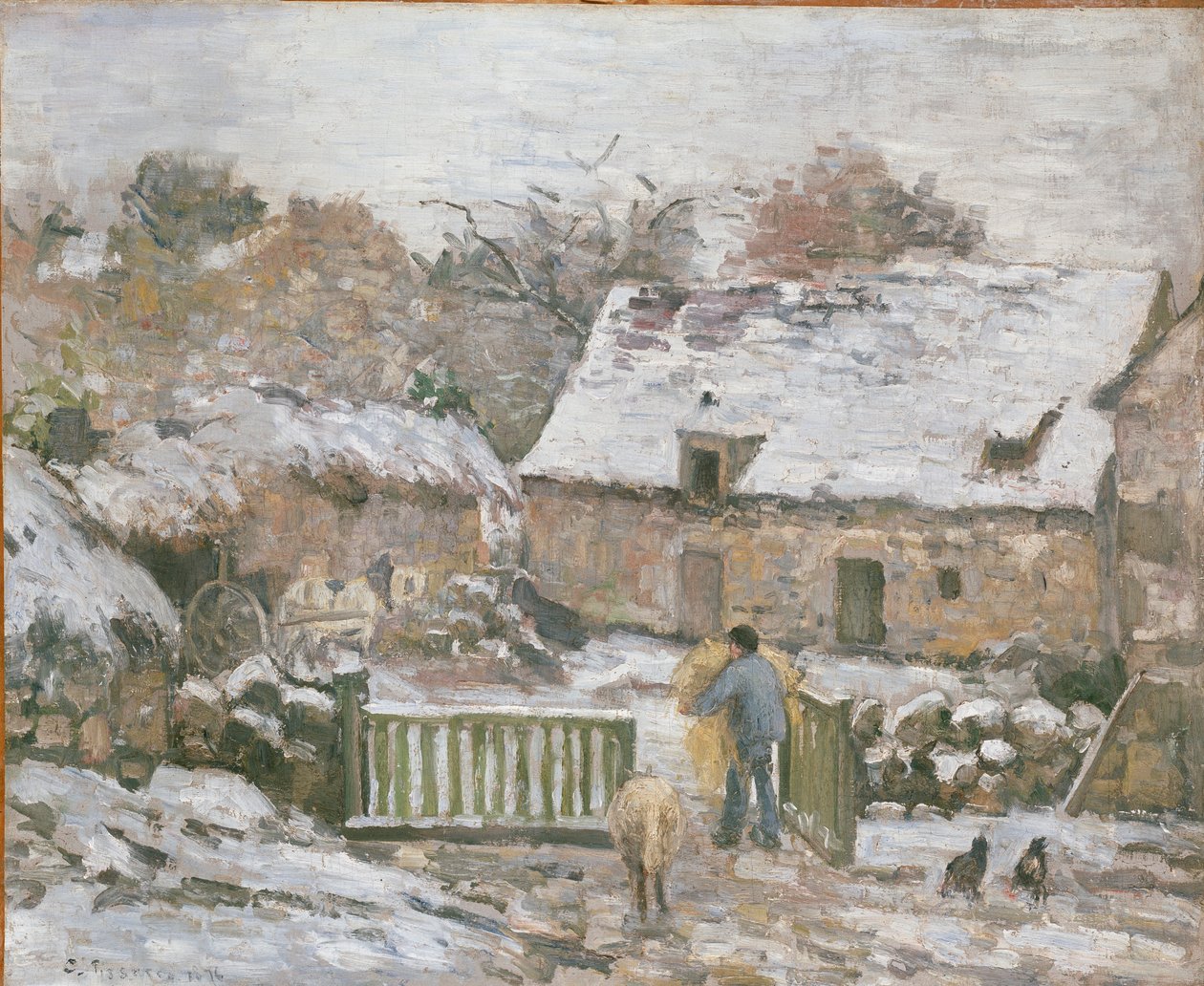 Gård i Montfoucault: Snøeffekt, 1874-1876 av Camille Pissarro