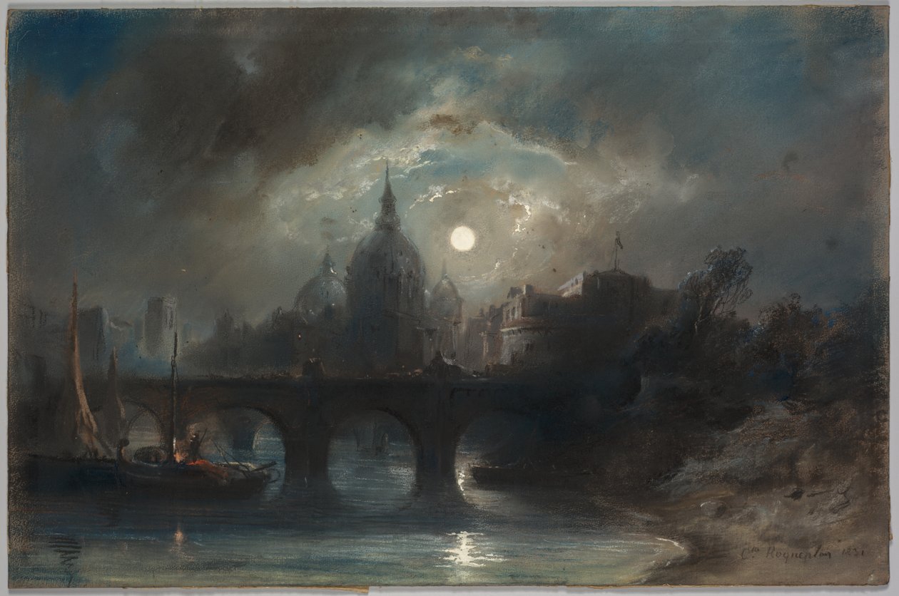 Utsikt over en by om natten, 1831. av Camille Roqueplan