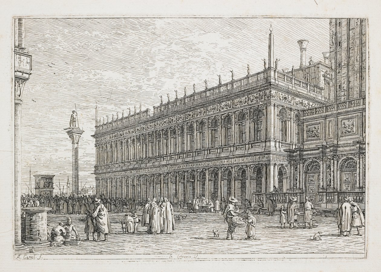 Biblioteket, tallerken fra Vedute, andre presser fra loughi, andre designet, 1740-1745 av Giovanni Antonio Canal