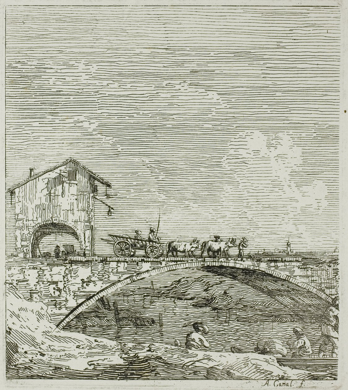 Vognen passerer over en bro, fra Vedute av Canaletto