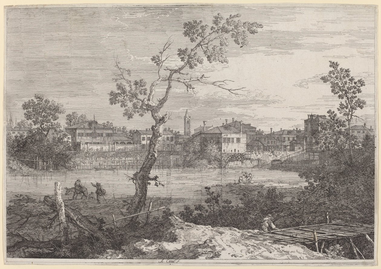Utsikt over en by på en elvebredd av Canaletto