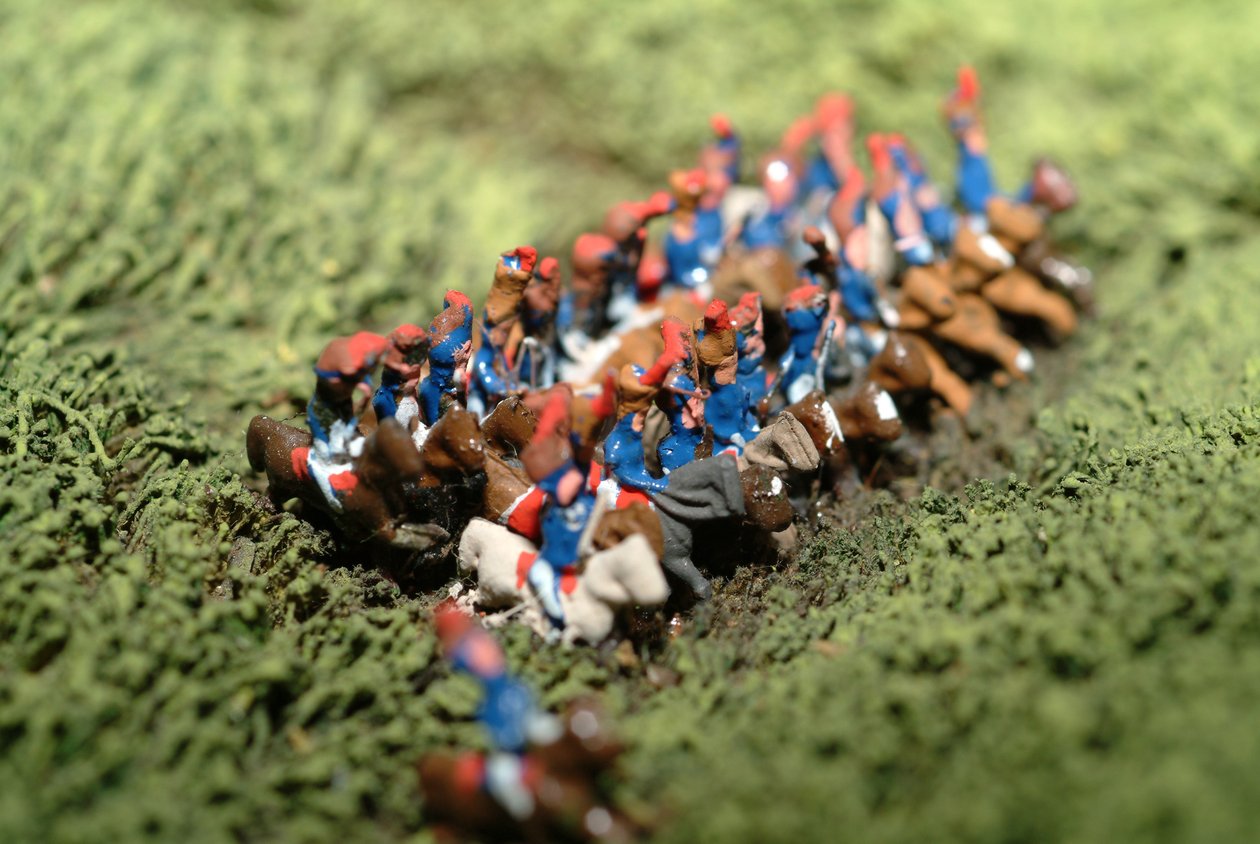 Diorama fra slaget ved Waterloo som viser tropper plassert kl. 19.45 den 18. juni 1815 (blandet media) (detaljer) av Capt. William Siborne