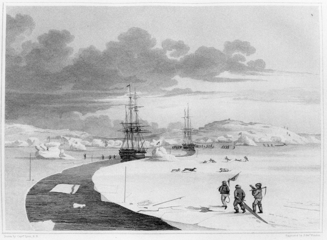 Cutting into Winter Island, oktober 1821, fra 'Journal of a Second Voyage for the Discovery of a North West Passage fra Atlanterhavet til Stillehavet utført i årene 1821-22-23', av William Edw av Captain George Francis Lyon