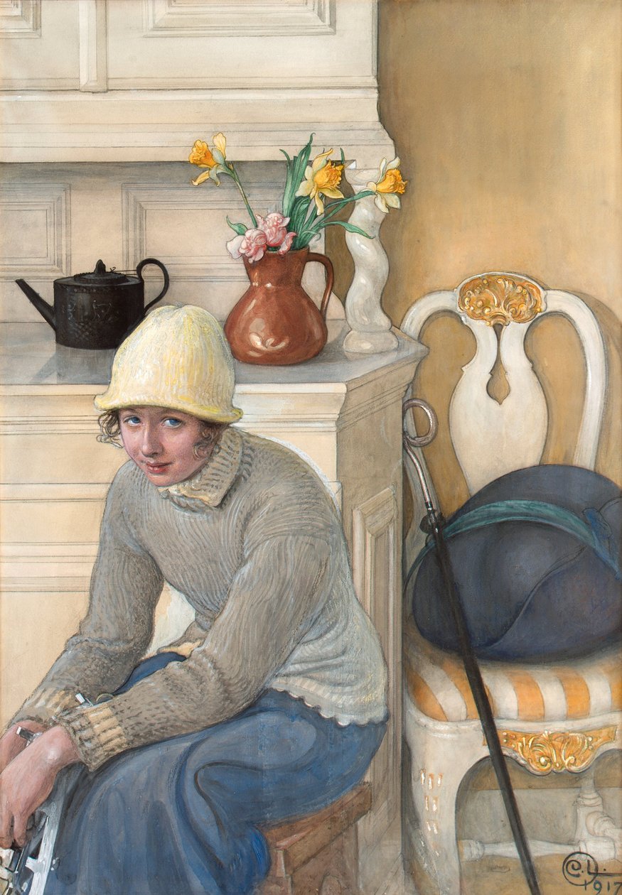 Jente med skøyter, interiør fra skolehuset, Falun 1917 av Carl Larsson