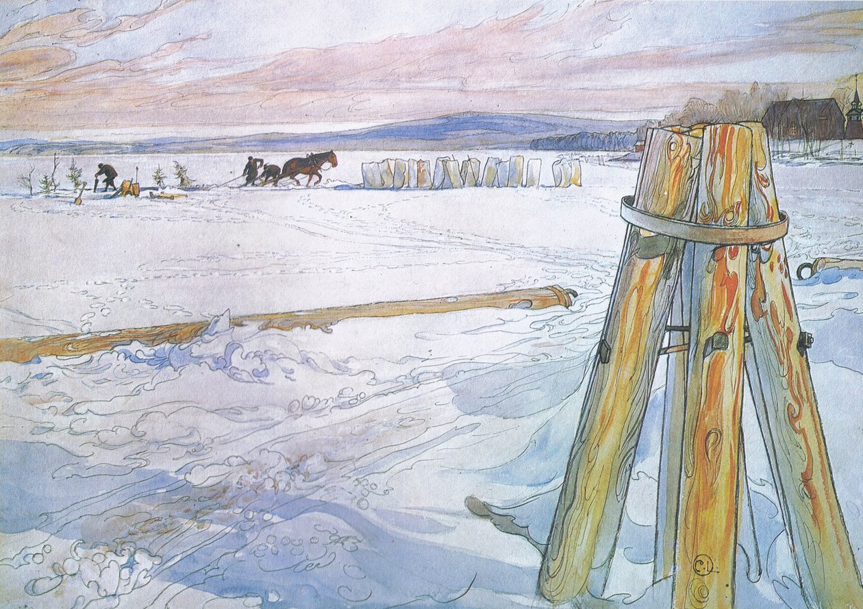Johan hentet Brunte (hest) for å samle isblokker av Carl Larsson