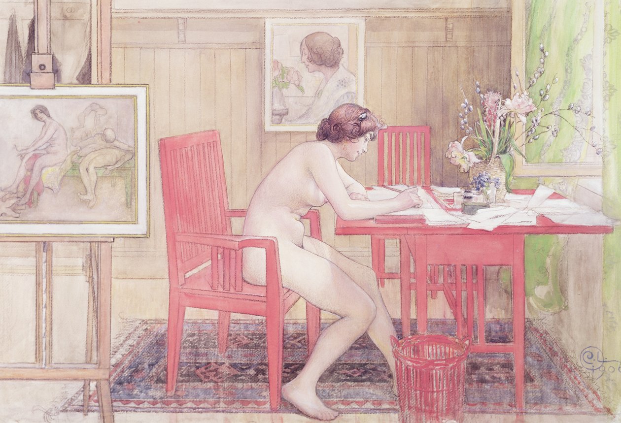 Modellskrivende postkort, 1906 av Carl Larsson