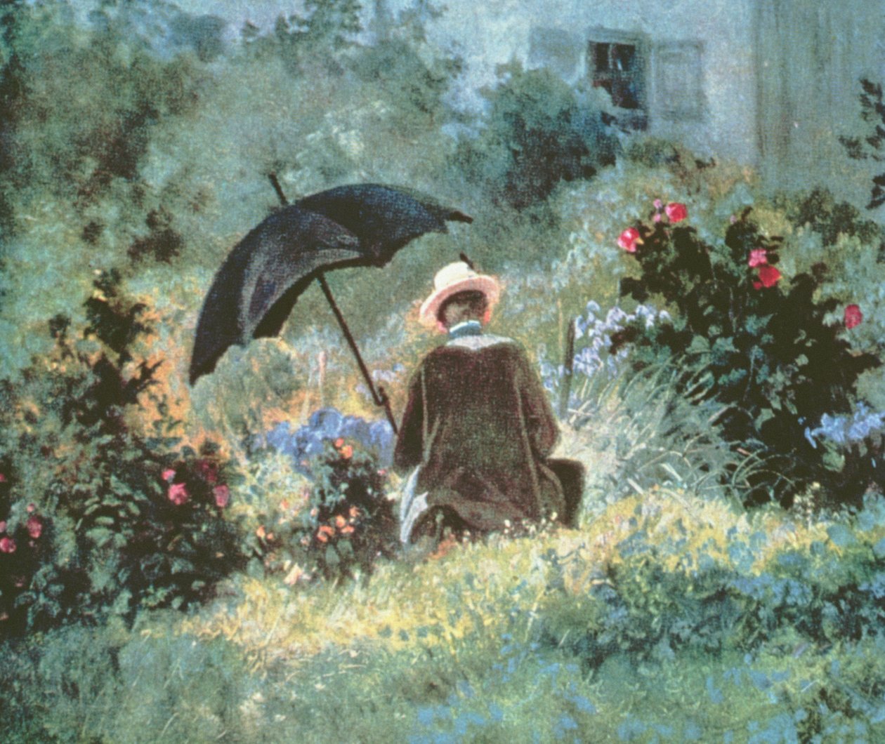 Detalj av en gentleman som leser i en hage av Carl Spitzweg